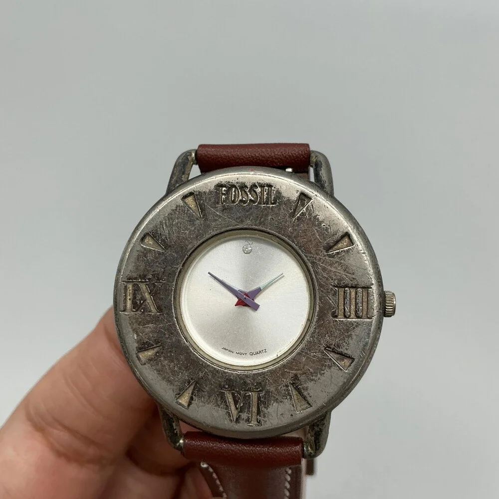 Vintage Fossil Club Fossil Mens Watch 36mm Silver Tone Brown Leather New Battery
